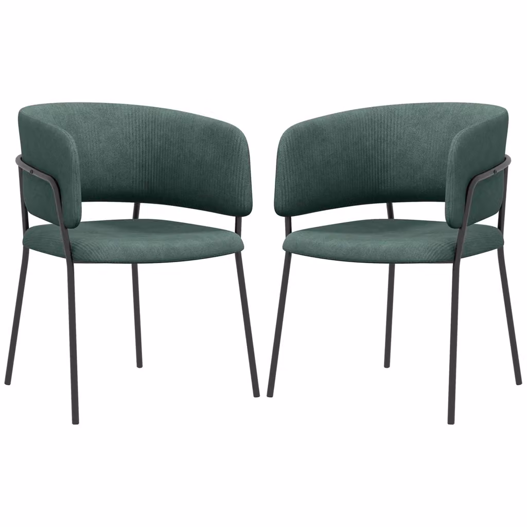 Set di 2 sedie moderne per cucina e soggiorno in tessuto effetto velluto verde con struttura in metallo, L: 57 cm, P: 53 cm, H: 73 cm – 2