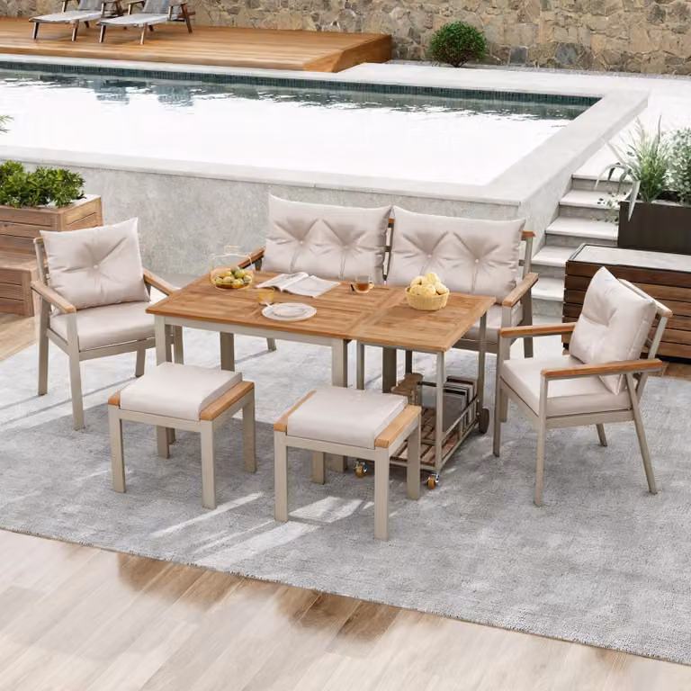 Set da pranzo in legno di acacia, mobili da giardino, set da pranzo da giardino da 6-7 posti con poltrone e carrello da pranzo rimovibile, rimovibile