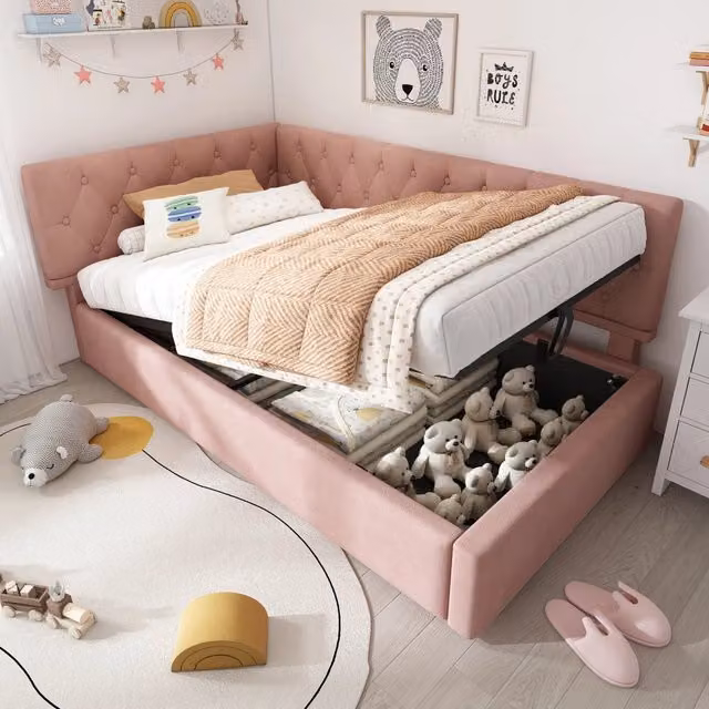 Divano Letto Singolo 90x190 in Velluto Rosa con Contenitore Idraulico