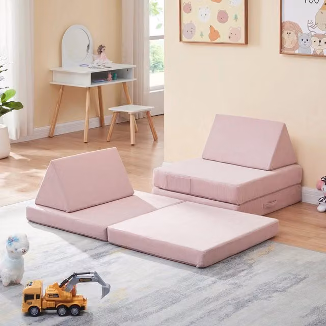 Divano Componibile per Bambini Norhulta en.casa Set Modulare Imbottito in Velluto a Coste Rosa L: 120 cm, P: 66 cm, H: 46 cm
