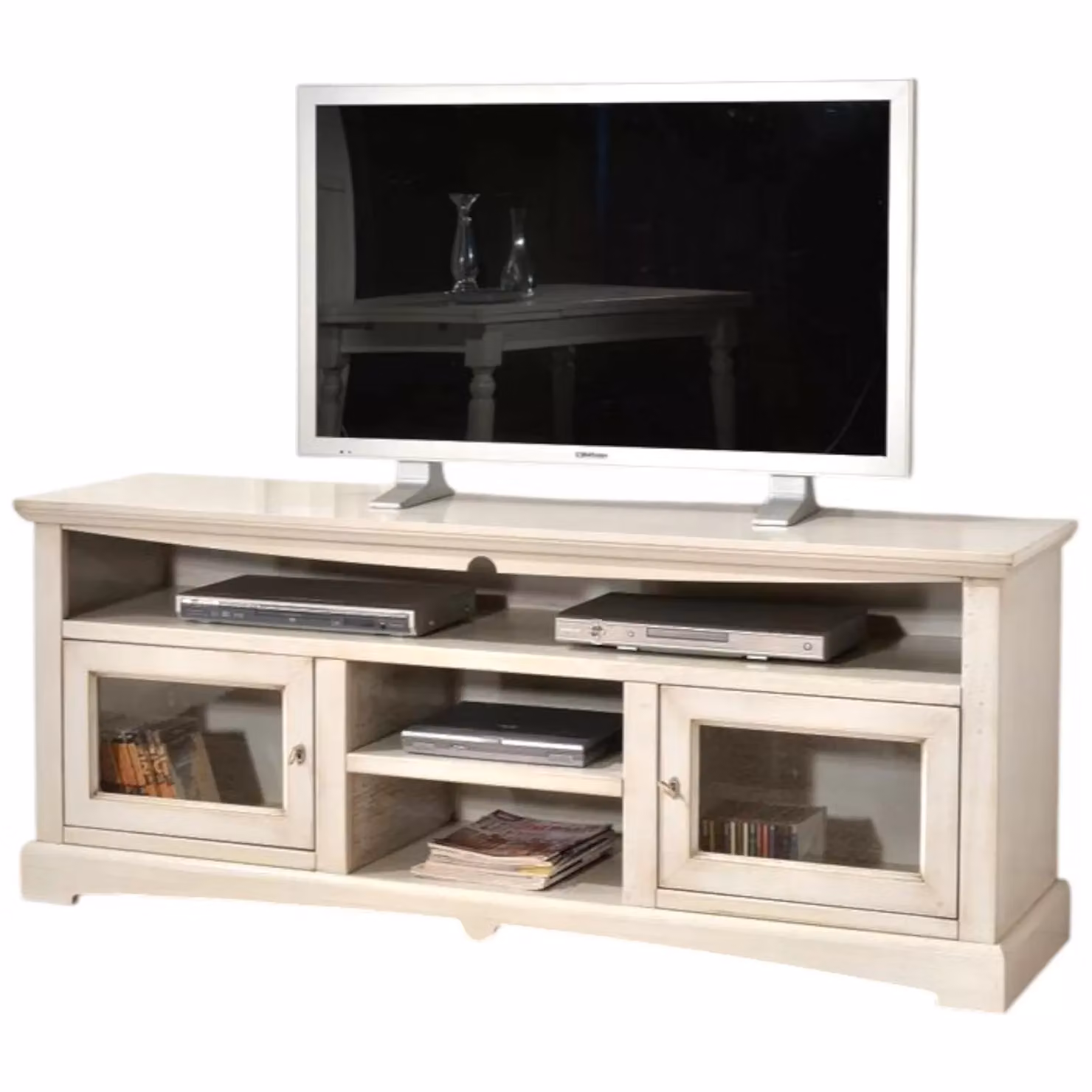 Mobile porta tv Goccia Mobili 2G in legno e vetro, colore bianco, stile shabby chic, L: 170 cm, P: 46 cm, H: 69 cm – 1