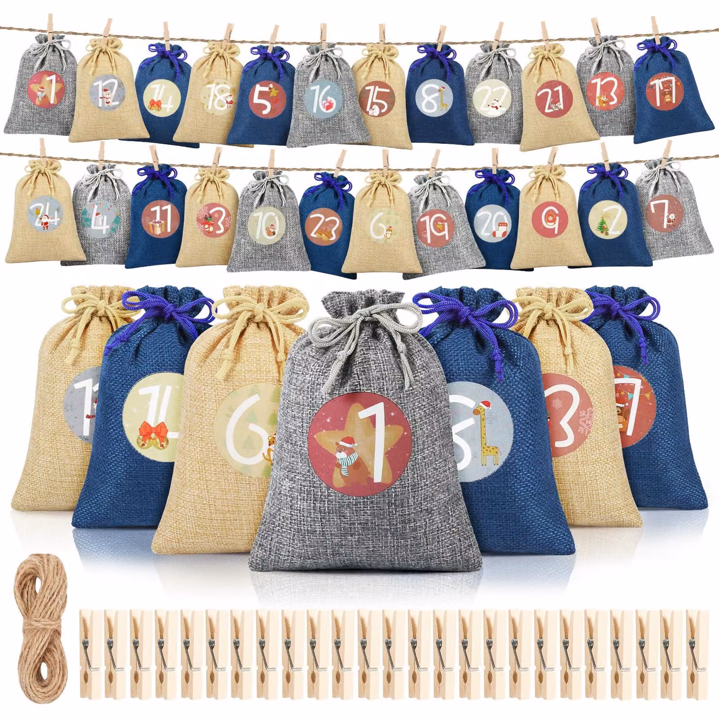 Calendario dell'Avvento da riempire, 24 sacchetti di stoffa blu con numeri, fai da te