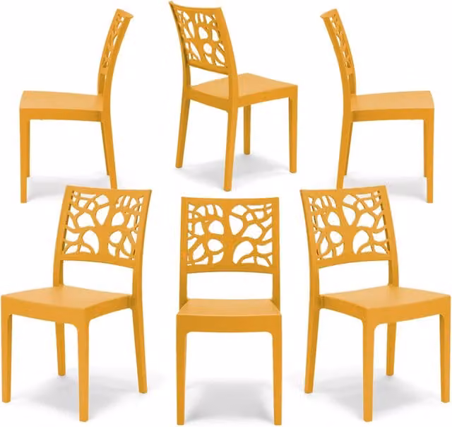 Set 6 sedie in polipropilene TETI, impilabile, resistente ai raggi UV, design moderno, ideale per sala da pranzo, cucina, sala d’attesa, bar, ristoranti o giardino, colore Giallo Ocra