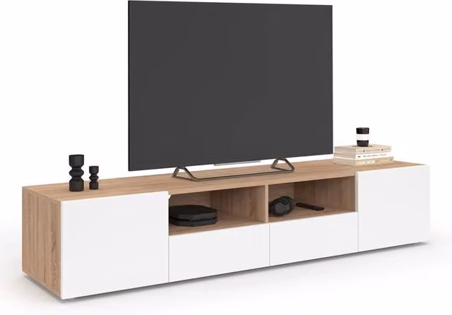 IDMarket Porta TV ELI moderna in faggio con ante bianche, L: 180 cm, P: 35 cm, H: 31,5 cm