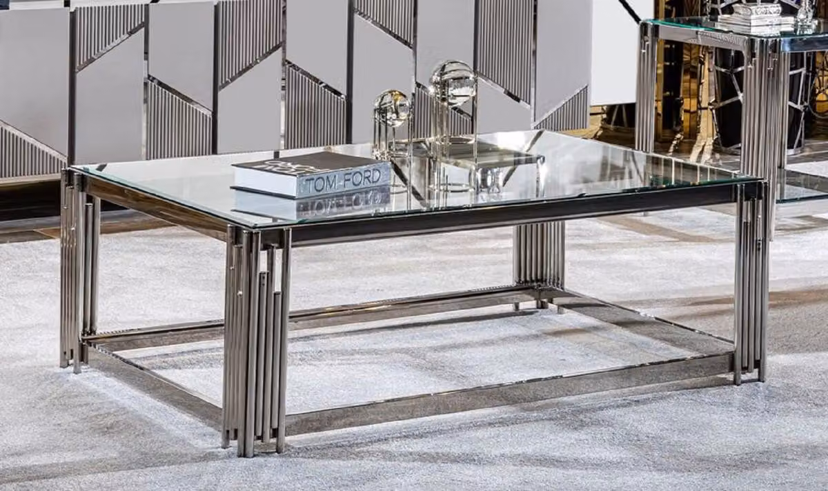 Tavolino Casa Padrino argento 120 x 80 x H. 45 cm - Tavolo da salotto rettangolare con piano in vetro - Mobili da salotto - Mobili per hotel