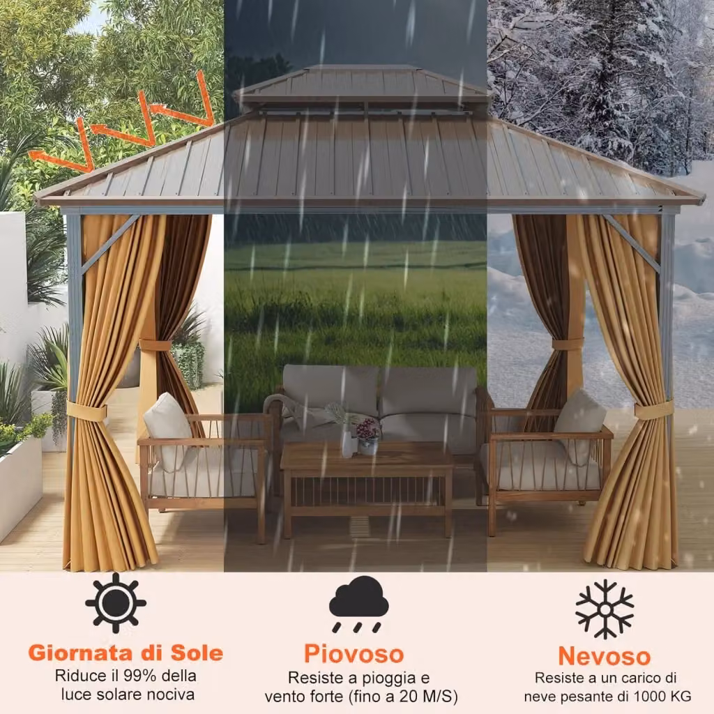 Gazebo da giardino Costway con tetto hardtop a doppia falda in metallo zincato e alluminio effetto legno, colore marrone, con zanzariera e 4 teli laterali, L: 3,5 m x P: 3 m – 2