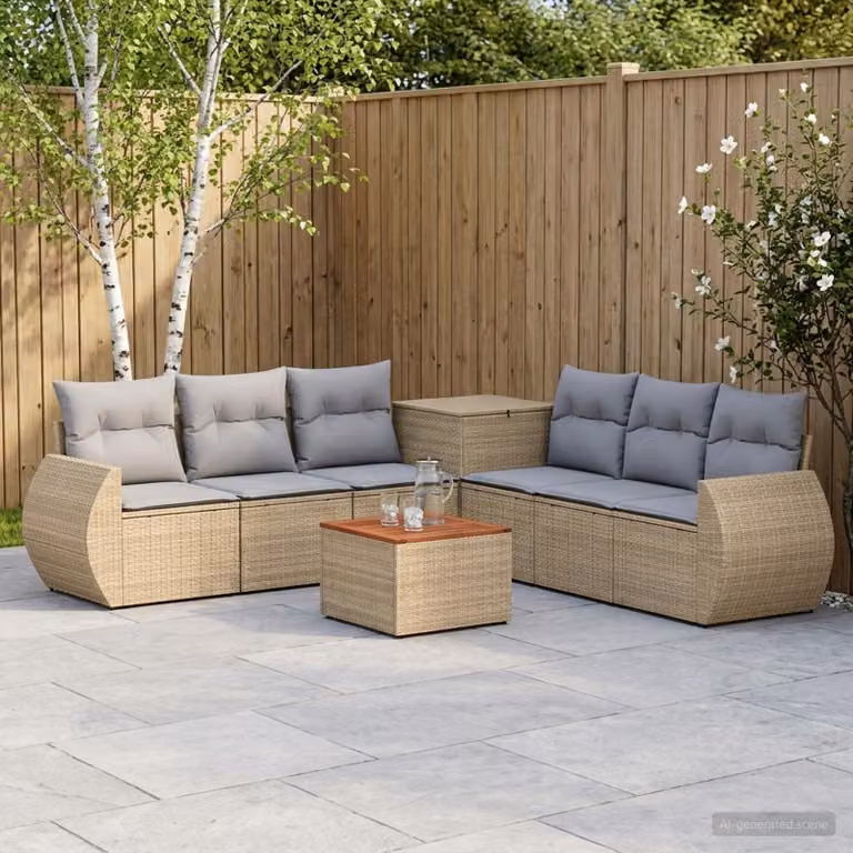 Set di divani da giardino vidaXL in polyrattan 8 pezzi Beige e Grigio Chiaro con cuscini e tavolino