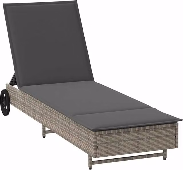 Lettino Prendisole | Sdraio da giardino | Lettino da sole con Ruote e Cuscino in Polyrattan Grigio