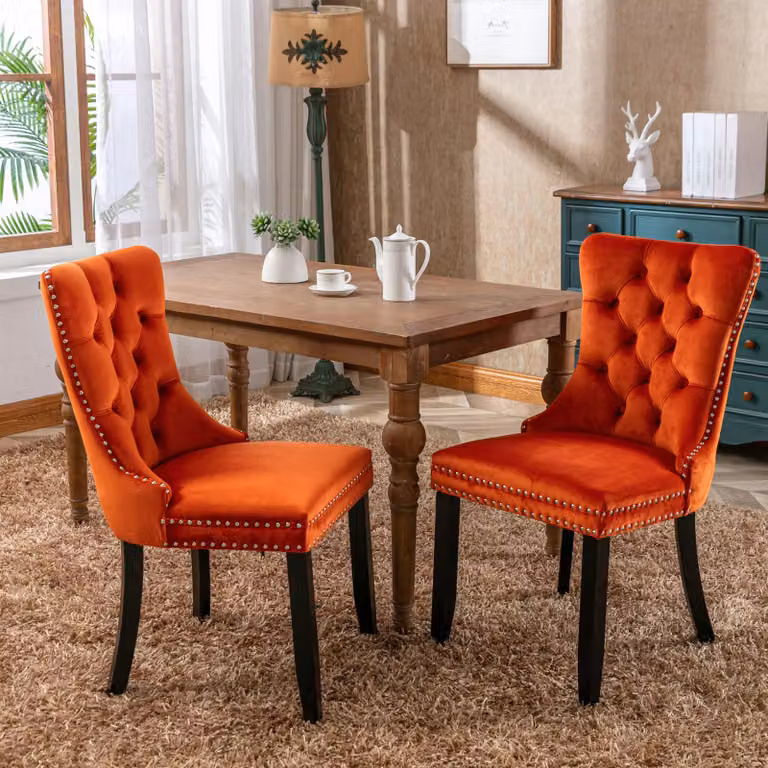 Sedia da pranzo di alta qualità in legno massiccio trapuntato con rivestimento in velluto moderno, gambe in legno e chiodi decorativi, set da 2 pezzi