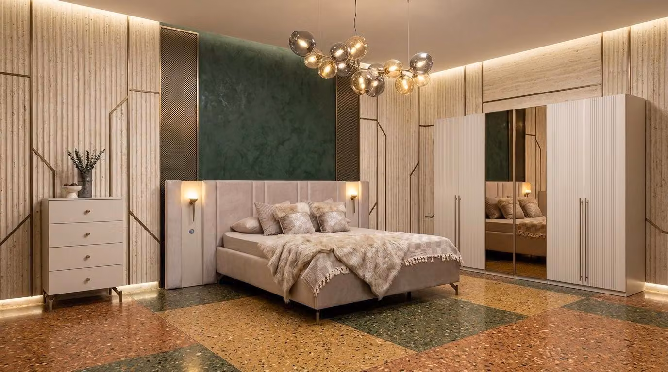 Comodino, armadio, camera da letto, stile moderno, colore beige