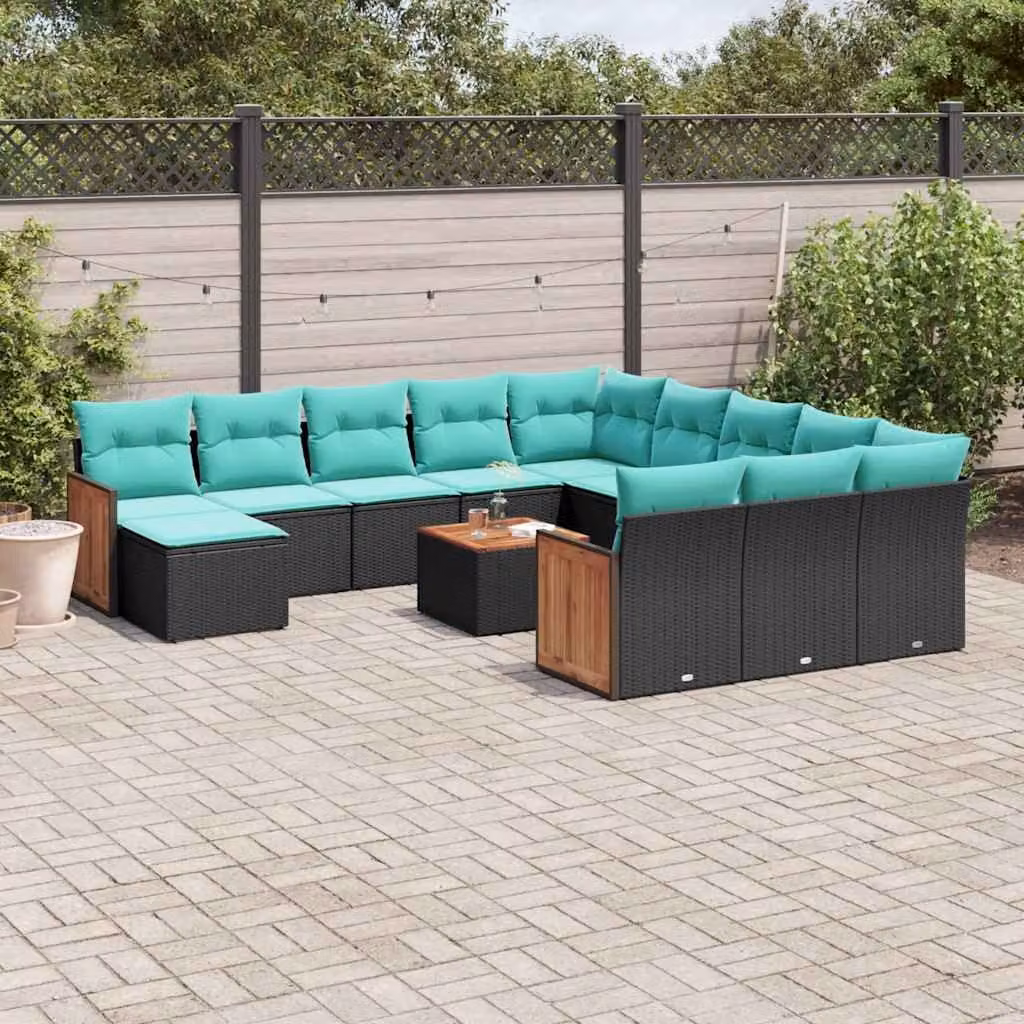 Set di divani da giardino vidaXL 13 pezzi in polyrattan nero con cuscini e struttura in legno di acacia oliato
