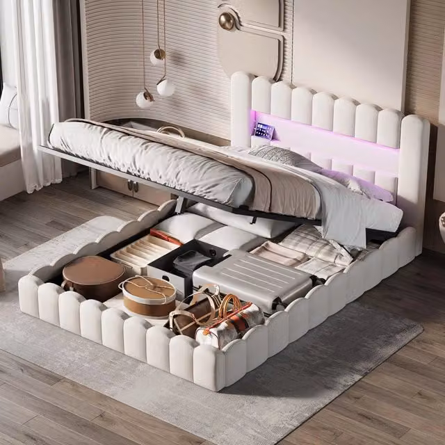 Letto Matrimoniale 140x200cm con Contenitore,porte USB e di tipo C,lino beige,rete a doghe,meccanismo di sollevamento idraulico,Letto da con LED