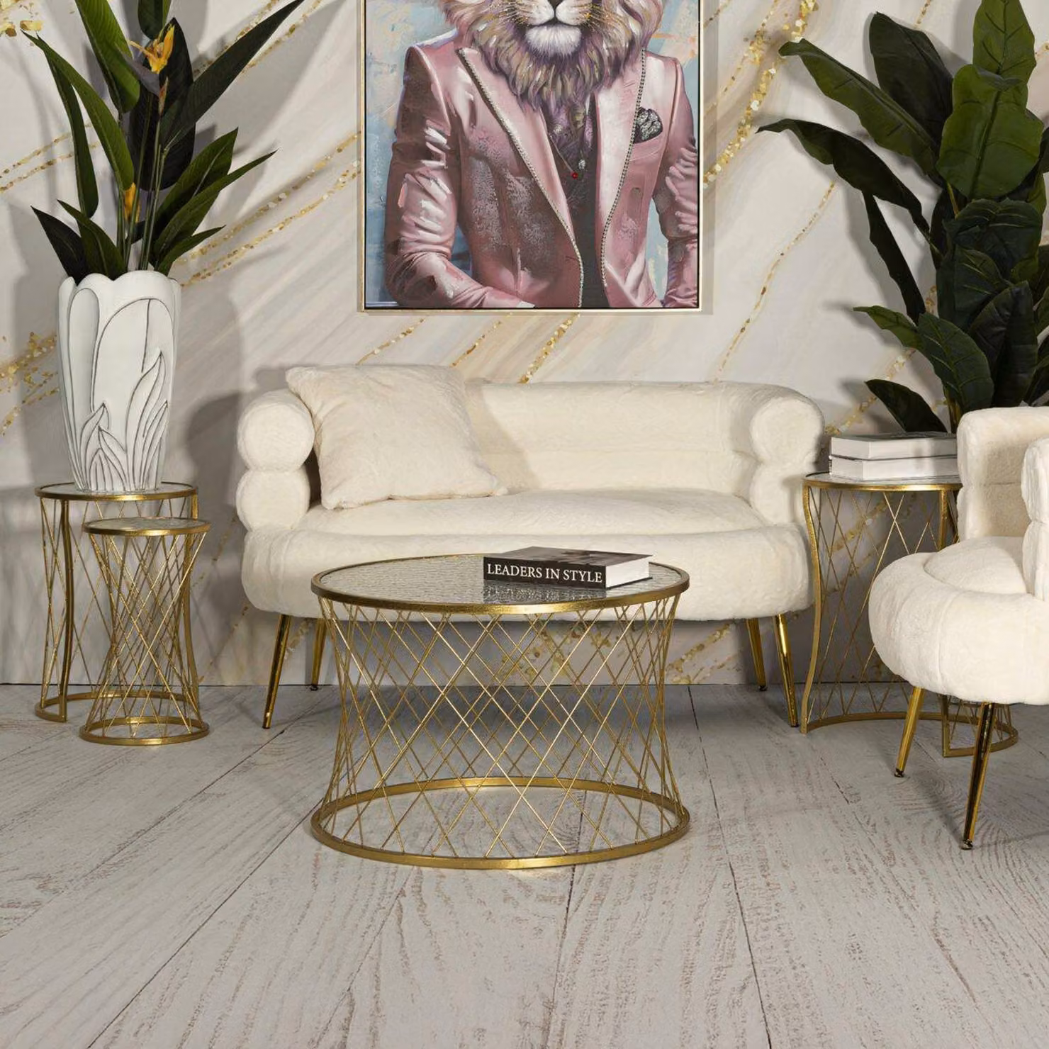 Dmora Tavolino da Salotto Cabiaglio 70x70x54.5h cm oro, set di 4 Tavolini Forma Circolare