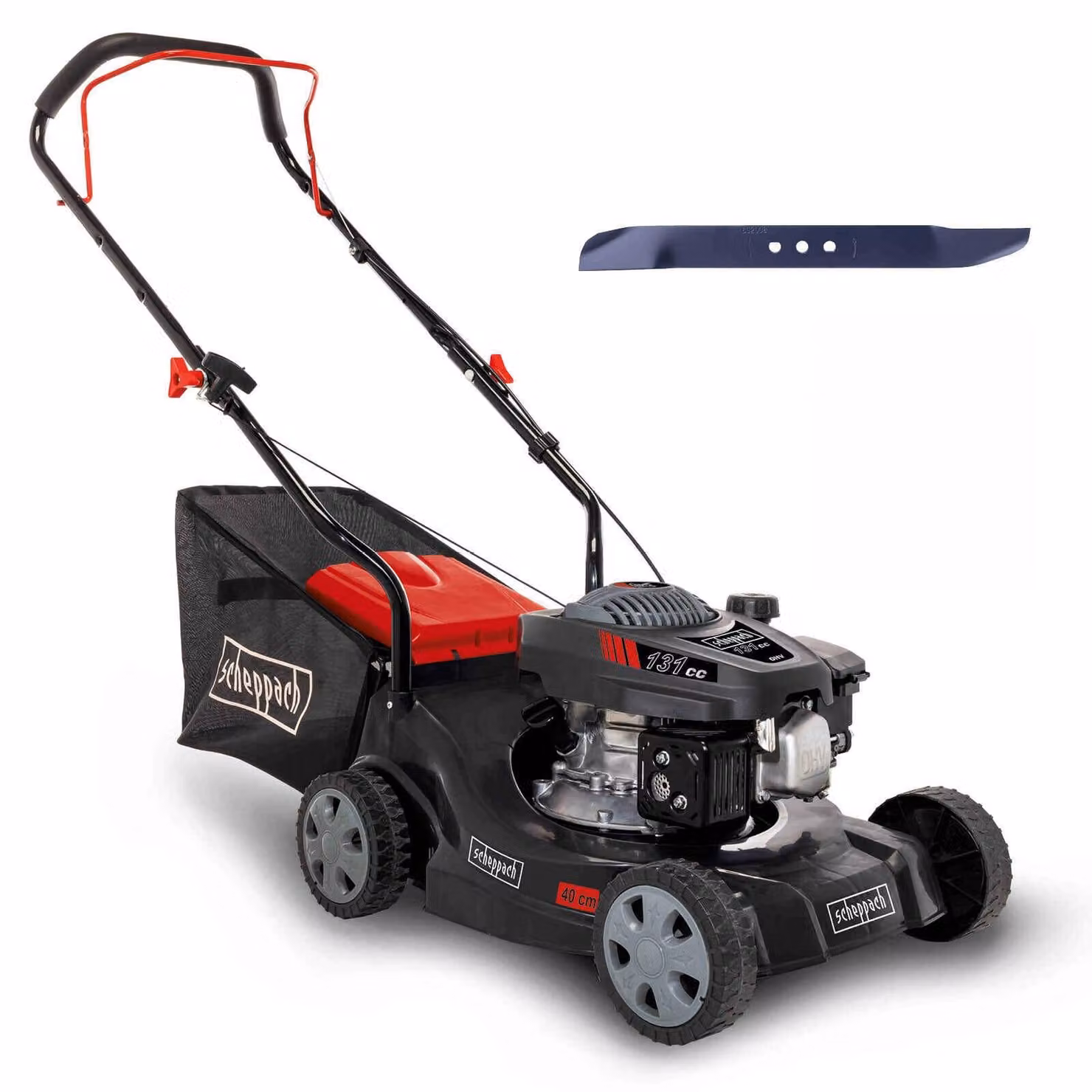 Tosaerba a benzina Scheppach MP132-40 | Potenza 3,3 CV | Larghezza di taglio 40 cm | Regolazione dell'altezza di taglio a 3 livelli | Cestello di raccolta da 35 litri | Lama di ricambio inclusa