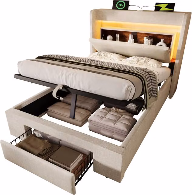 Letto Imbottito 90x200 cm in Lino Beige con Contenitore Idraulico; Testiera Attrezzata; LED e Materasso Incluso