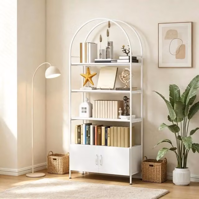 Libreria 80x30x187 cm con armadio a doppia anta in pannello truciolare e acciaio bianco