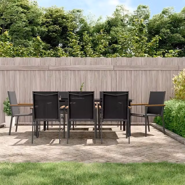 Set da pranzo da giardino vidaXL in vetro e acciaio nero con 9 pezzi