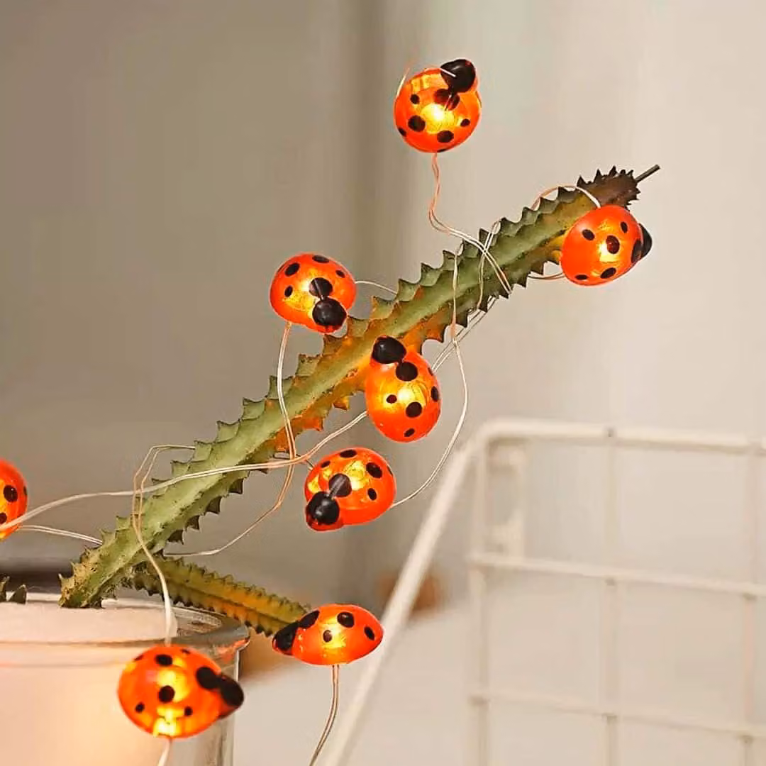 Catena luminosa da 3 metri, 30 LED a forma di coccinella, luce bianca calda, alimentazione a batteria