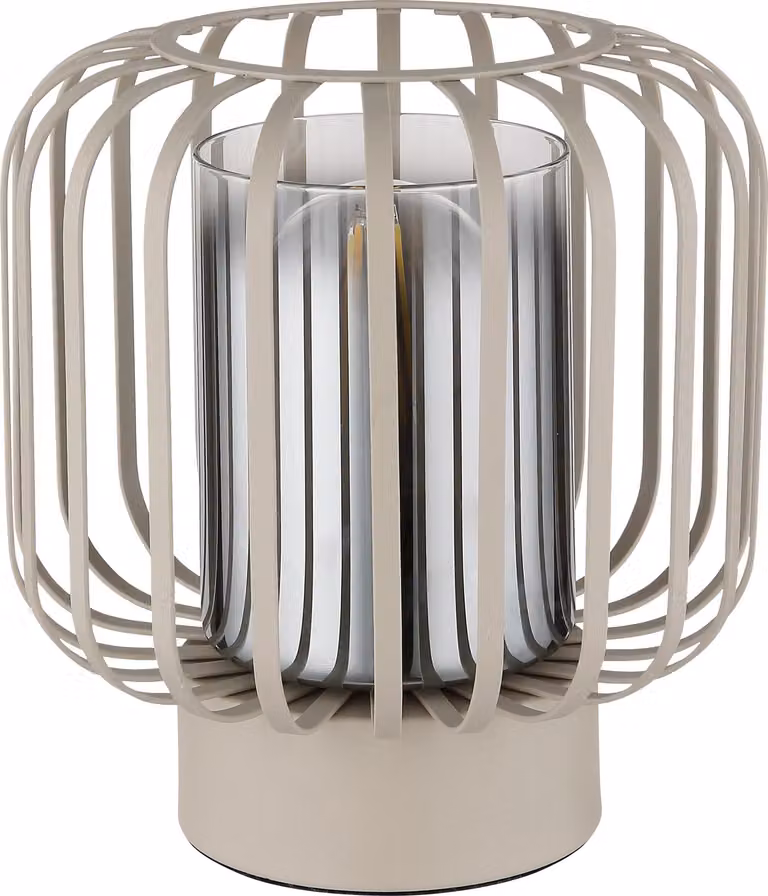 Lampada da tavolo, vetro fumé, aste di metallo, sabbia, H 19 cm