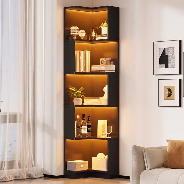 Libreria angolare a L WISHDOR in MDF con illuminazione LED integrata, colore nero opaco, L/P/H: 63,5 x 45 x 175 cm