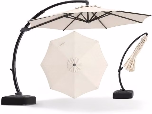 Ombrellone da esterno 3x3 m con 8 stecche metalliche resistenti e 4 sacchi di sabbia, Ombrellone da spiaggia rotazione 360¡ã Beige