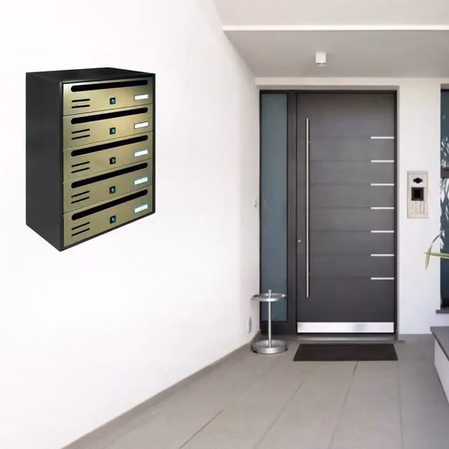 ALUBOX CUBO Cassette Postali Condominiali da 5 Posti in Lamiera Zincata, Colore Antracite con Sportelli Bronzo Antico, L/P/H: 53,5 x 38,5 x 25 cm – 1