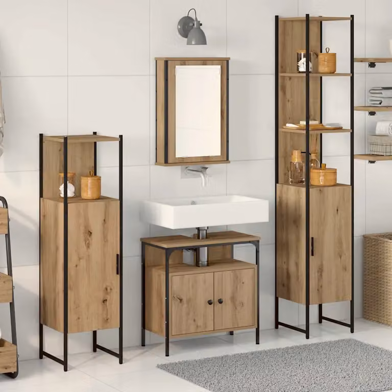Set di mobili per il bagno moderno vidaXL composto da 4 pezzi in legno e metallo marrone e nero con armadietto a specchio, mobile lavabo e pensili a parete