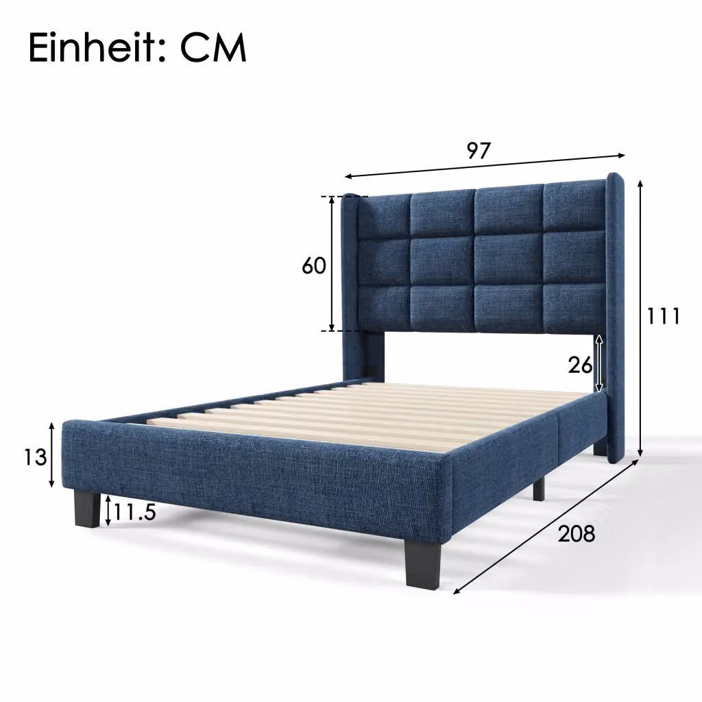 Letto singolo moderno Cipacho in lino blu con testiera a listelli e struttura rigida L/P/H: 208 x 90 x 111 cm – 2