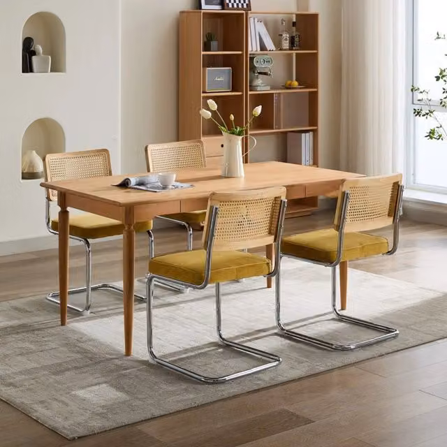 Sedia da pranzo a sbalzo OKWISH con schienale in rattan intrecciato e seduta imbottita in velluto oro – 1