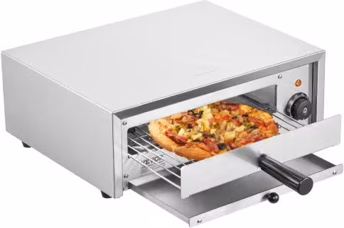 Forno elettrico per pizza da banco VEVOR in acciaio inossidabile argento, 12 pollici, 1500 W, con display analogico e vassoio raccoglibriciole, ideale per uso professionale e domestico