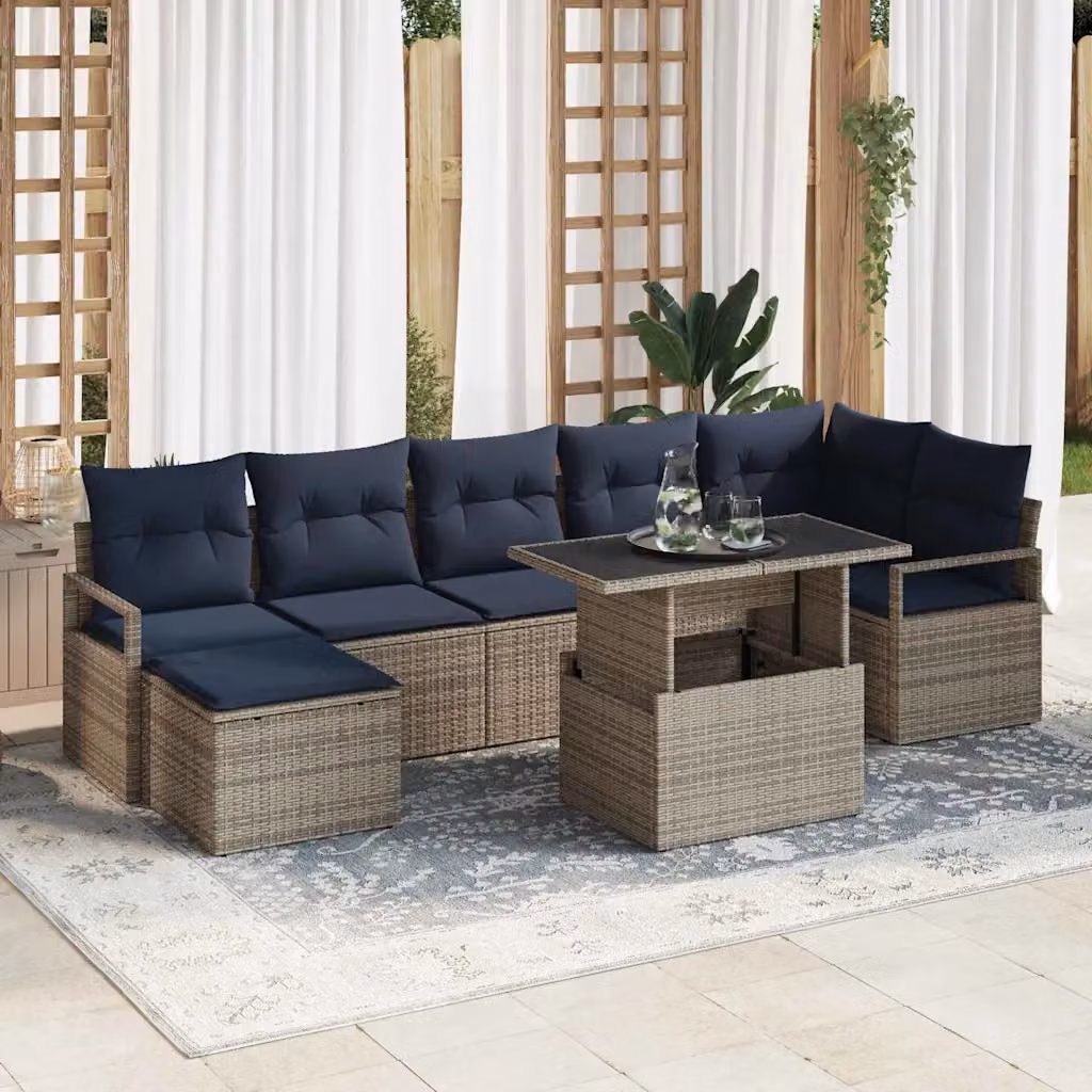 Set Divano da Giardino vidaXL 8 pz in Polyrattan Grigio e Blu Navy con Tavolino e Ottoman