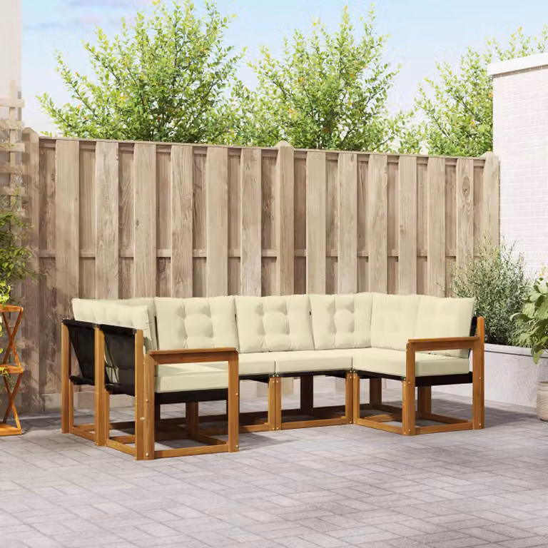 Set di divani da esterno vidaXL 6 pz a forma di L in legno di acacia con cuscini beige e marrone e rivestimento in textilene resistente ai raggi UV