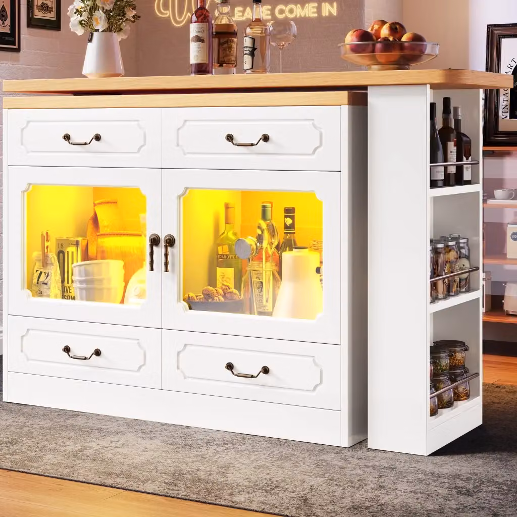 Tavolo bar estensibile WISHDOR con illuminazione LED e contenitore, Bianco/Naturale, L: 135-203 cm, P: 39 cm, H: 92,8 cm – 2