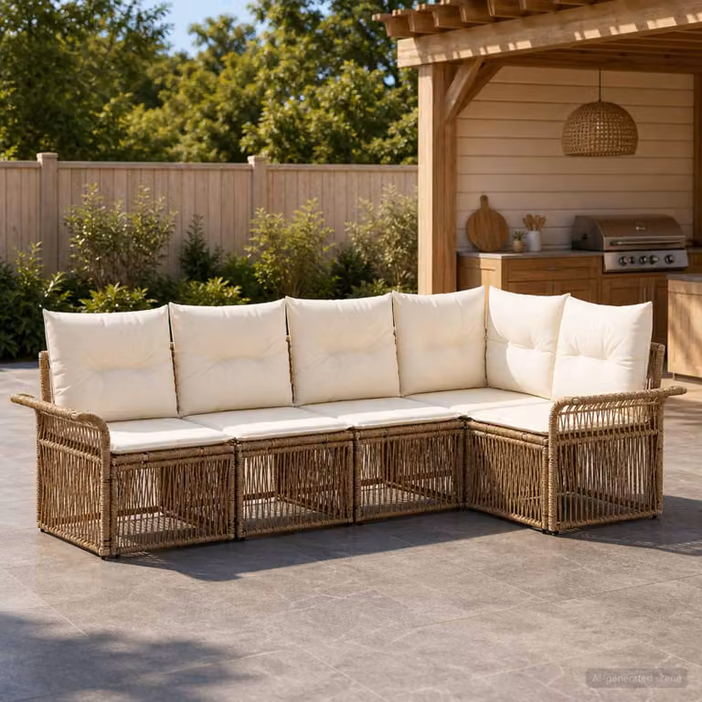 Set Divano da Giardino L-Shape vidaXL in Polyrattan Beige con Cuscini e Struttura in Acciaio