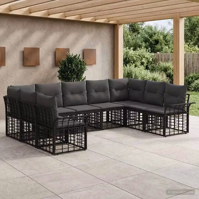 Set di divani da esterno 9 pz Nero e Grigio scuro Poliestere 3437757