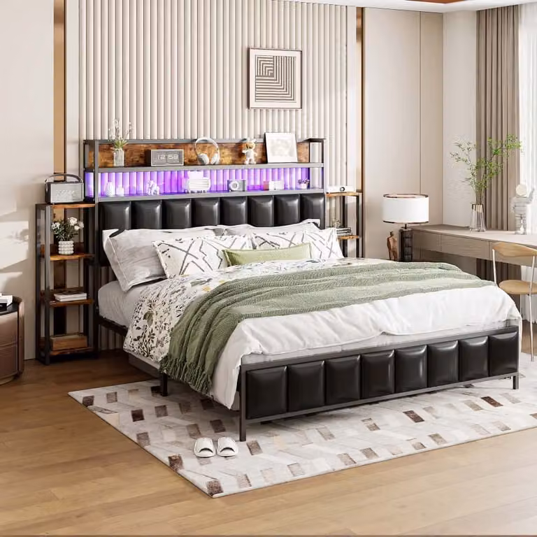 Letto imbottito AIORBER, 160x200 cm, con illuminazione LED, struttura in metallo, doppi ripiani, Similcuoio, ripiani bifacciali, letto matrimoniale, nero