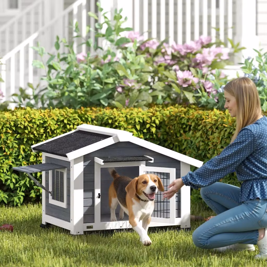 Casetta per cani da esterno Giordanoshop in legno di abete grigio e nero, L: 98 cm, P: 76 cm, H: 69,5 cm – 2