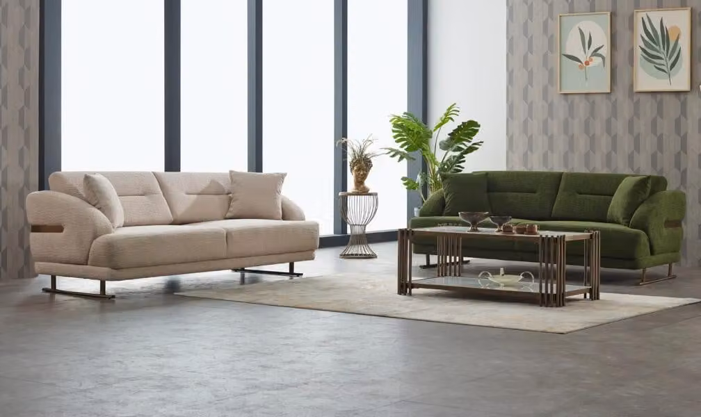 Stoffsofa Garnitur Dreisitzer Sofa Polstersofa Couch Beige Grün Stoff