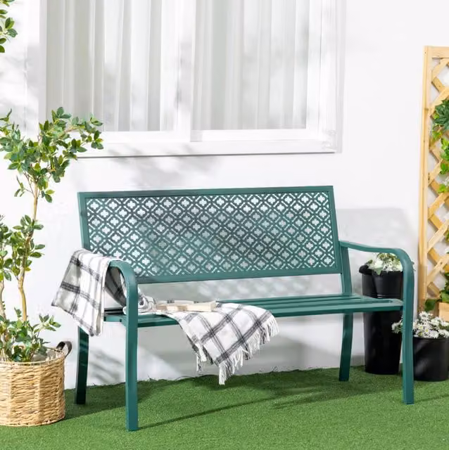 Panca da giardino ULEVR 127x63x83 cm per 2 persone con schienale e braccioli, struttura in acciaio verde scuro