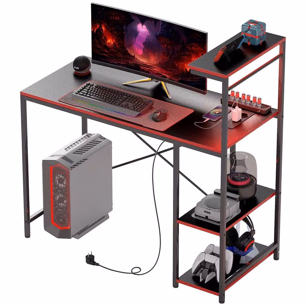 Scrivania Gaming Xylo con LED e Prese, Finitura Fibra di Carbonio Nero e Rosso, L: 110 cm, P: 50 cm – 2