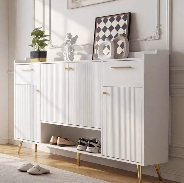 Armadio portascarpe con 2 cassetti; 4 ante e vano aperto; 130x37x100 cm; bianco
