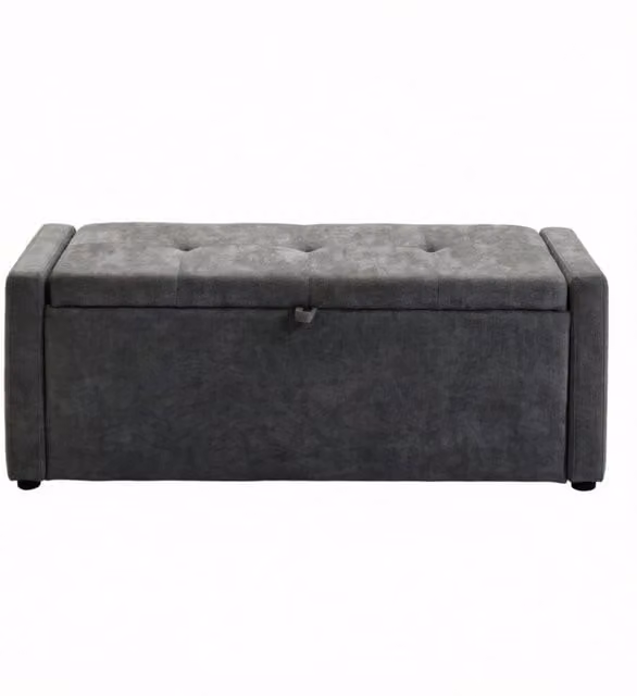 Panca contenitore da letto con seduta imbottita e vano nascosto, in tessuto di lino grigio scuro, 122 × 48 × 44 cm