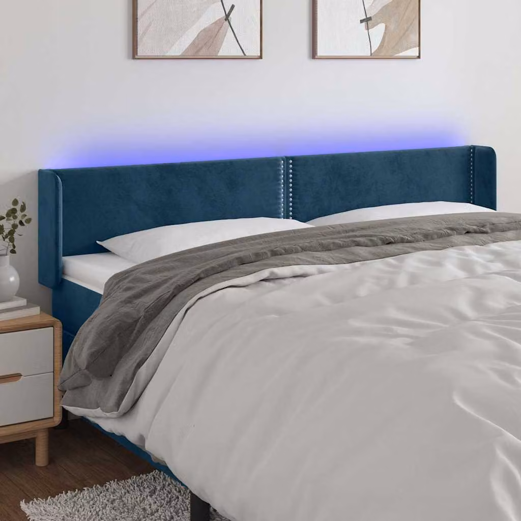 Testiera con LED e porta USB vidaXL in velluto blu scuro L: 203 cm, P: 16 cm, H: 78-88 cm