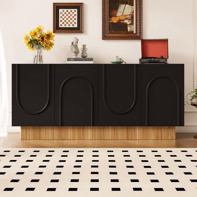 Credenza Moderna 4 Ante in Nero e Legno; Madia 160 cm con Rilievo a U per Soggiorno e Sala da Pranzo