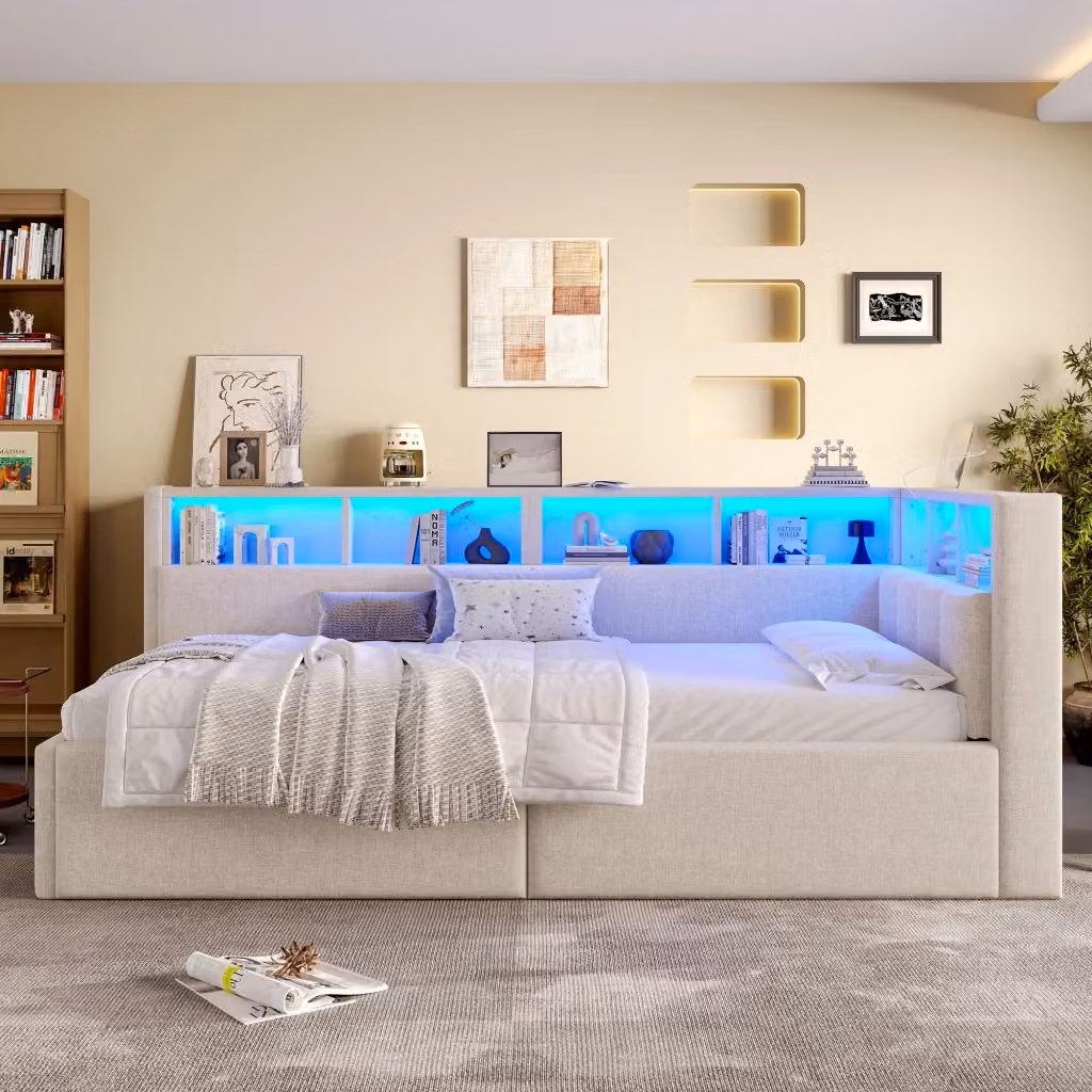 Letto contenitore Mivray con vani portaoggetti, illuminazione LED multicolore e porte USB e Type-C, rivestimento in tessuto beige, L/P/H: 200 x 90 x 35 cm – 2
