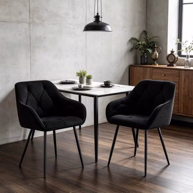 Set di 2 sedie da pranzo in velluto nero con braccioli e gambe in metallo