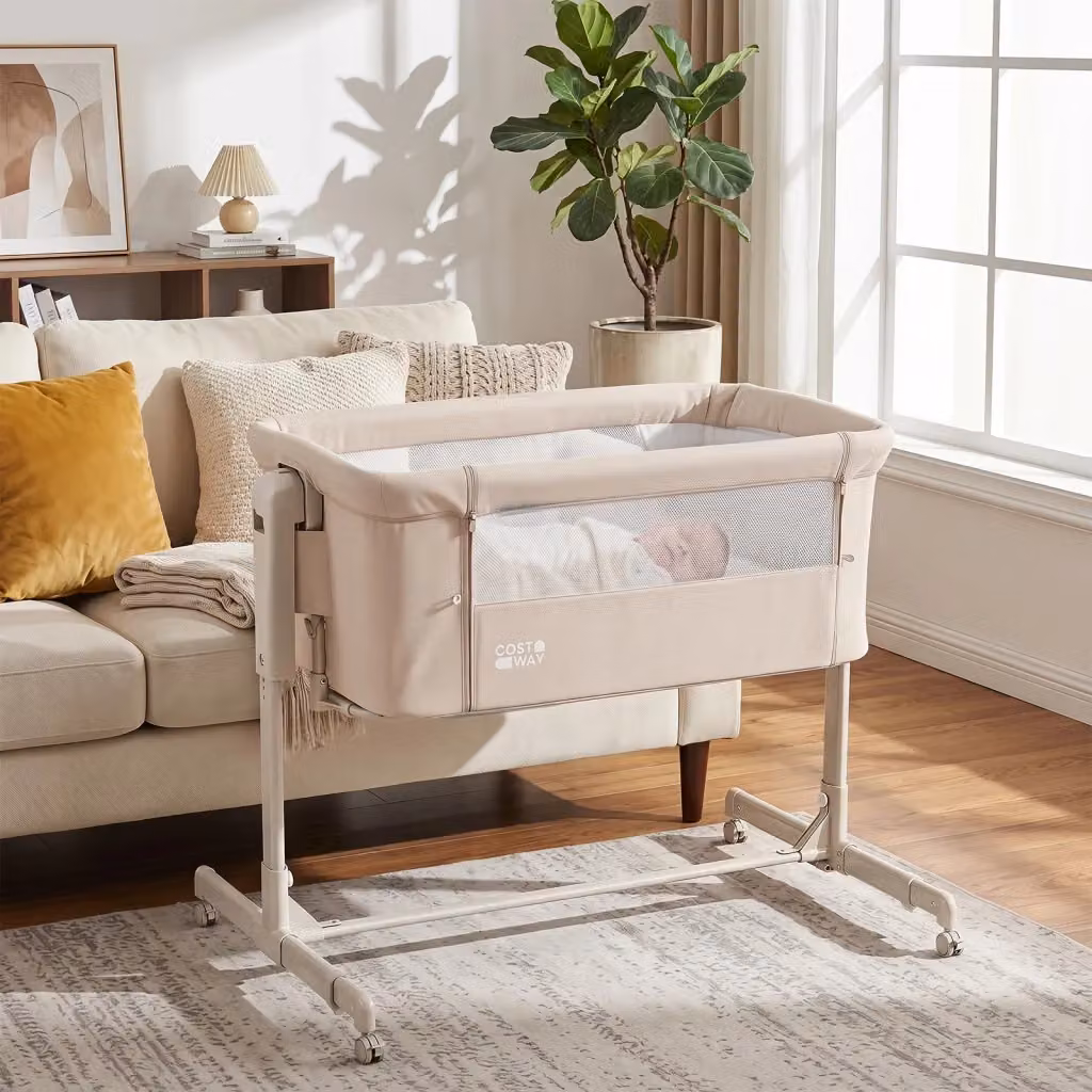 Culla per neonati DESIGN IN con 6 livelli di altezza regolabile, funzione dondolo, 4 ruote con freno e piedini estensibili, Beige – 2