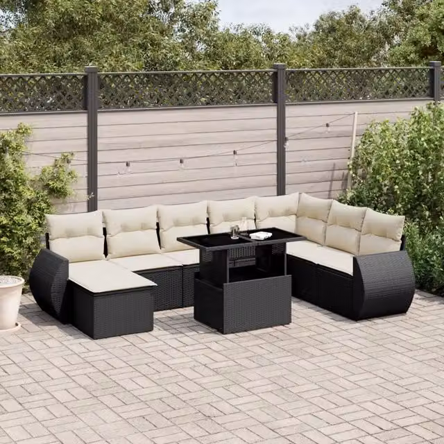 Set Divani da Giardino 9 pz con Cuscini Nero in Polyrattan 3268726