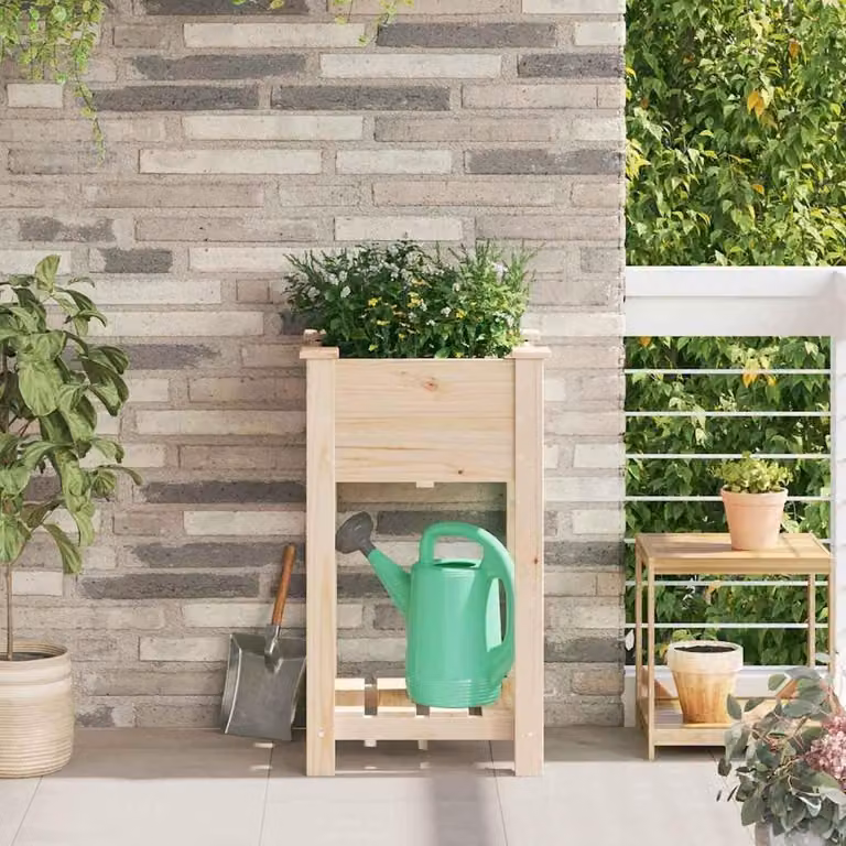 Vaso da giardino con ripiano, colore beige, dimensioni 45 x 45 x 76,5 cm