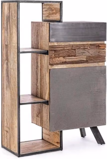 Mobile in stile industriale GIORDANOSHOP con 1 anta e 2 cassetti in legno di mango e metallo, marrone, L: 90 cm, P: 40 cm, H: 140 cm – 1